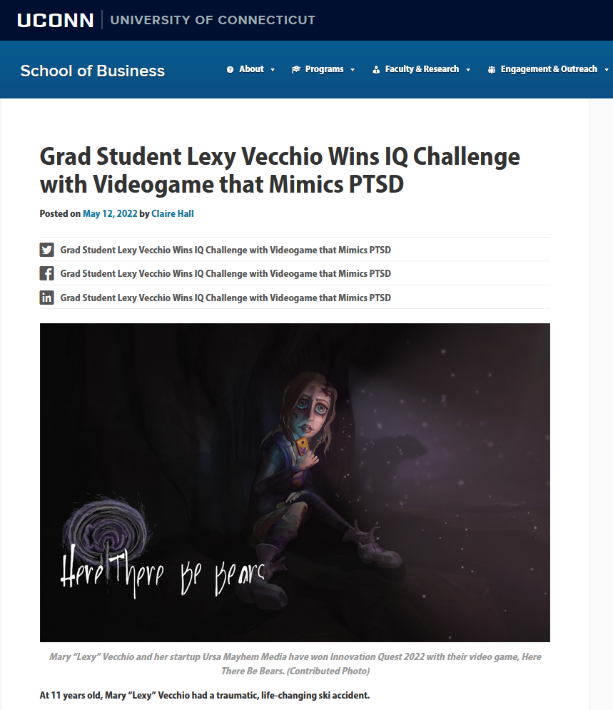 A screenshot of a website article from UCONN titled 'Grad Student Lexy Vecchio Wins IQ Challenge with Videogame that Mimics PTSD'